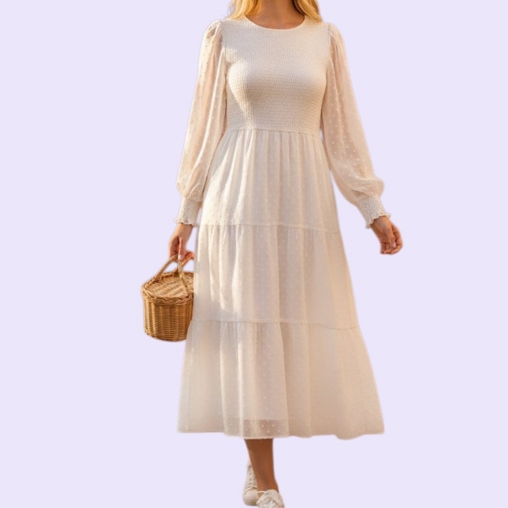 Annebouti Swiss Dot Milkmaid Dress XL White Cottagecore Fairy Sheer Sleeve